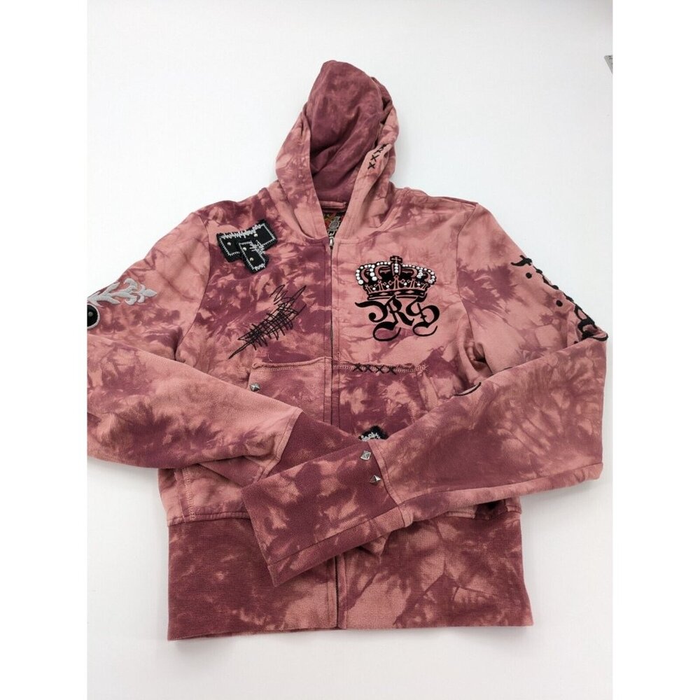 Rebel Spirit Pink Tie-Dye Zip Hoodie with Embroidered Patches - Picture 5 of 13